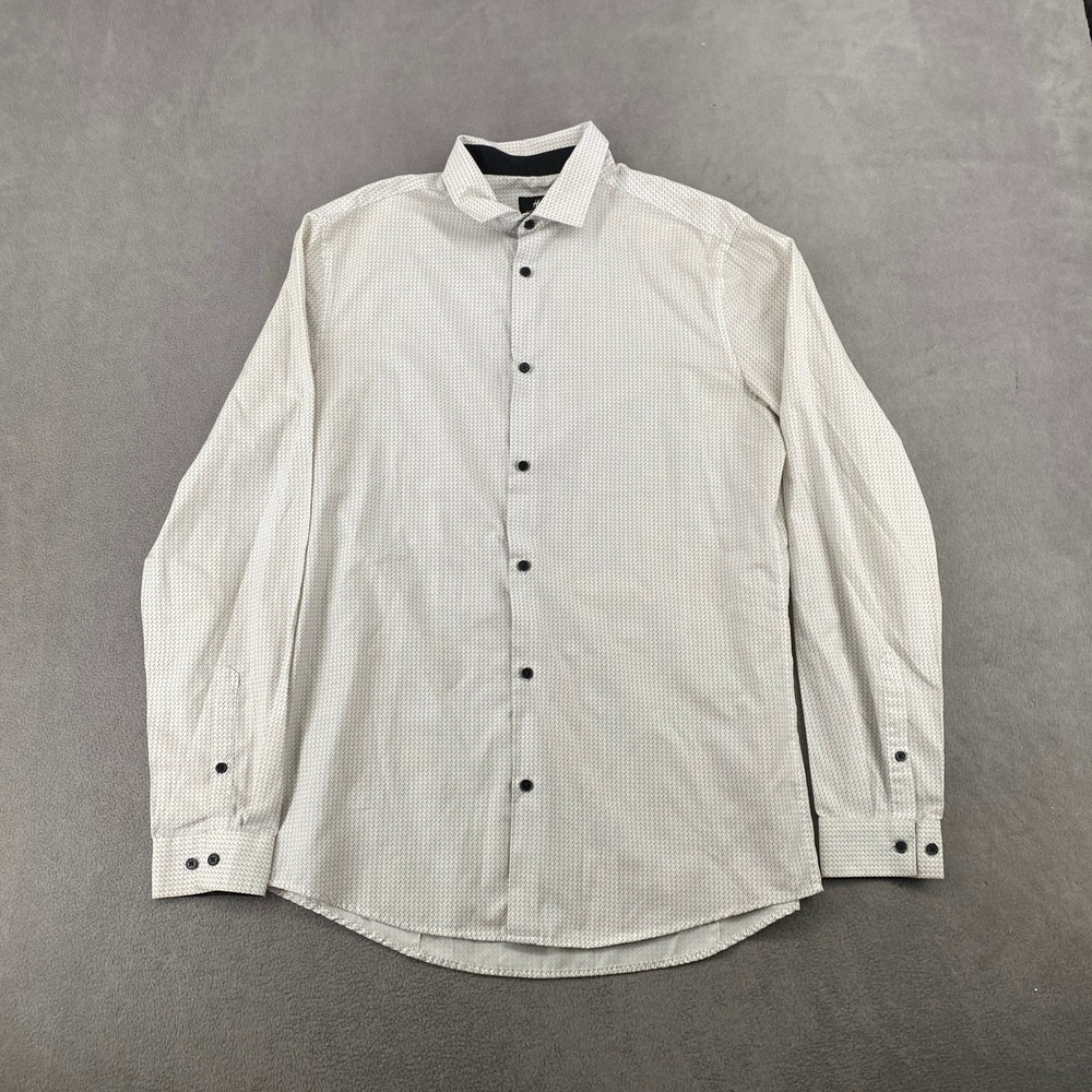 HM Mens Slim Fit Long Sleeve Button Down Shirt White Black Geometric Print M